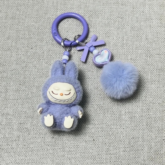 Flocked Fuzzy Have a Seat Labubu Keychain with Heart Gems Pom Pom Bag Charms NEW - Picture 9 of 16